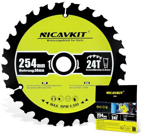 NICAVKIT Ø 254 x 30 mm lama per sega circolare per legno (lama per legno, diametro 254 x 30 x 2,8 mm, 24 denti, accessorio per sega circolare), denti in metallo duro, adatto per legno morbido e duro