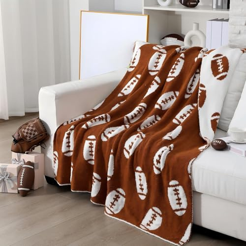 Buryeah Weihnachts-Strickdecke, 127 x 152 cm, wendbar, gestrickt, Weihnachtsdecke, gemütlich, weich, leicht, Weihnachtsgeschenk, Wintergeschenk für Couch, Sofa, Bett (Braun und Weiß, Fußball)