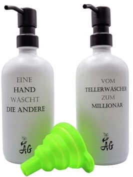 AG Seifenspender und Spülmittelspender aus Glas als 2er Set 500 ml mit Edelstahlpumpen und praktischem Silikon-Trichter. Modernes Design für Küche und Badezimmer. Mit witzigen Sprüchen (weiß)
