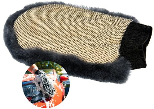 Tek Automotive 2-in-1 Genuine Lambswool Car Wash Mitt Glove with Mesh Bug & Tar Remover – Ultra-Soft Cleaning Mitt for Car Washing, Non-Scratch Wash Mitt, Car Care Accessory for Wheels & Paintwork