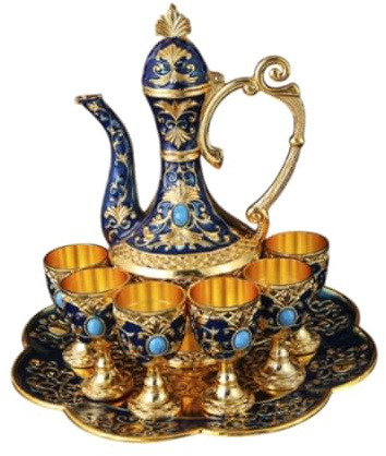 perfk Ensemble de pichets en Verre à vin en métal, Tasse à café Turque, Artisanat d'art, Pot à vin, Service à thé, théière, Plateau à thé, Tasses en métal, Bleu
