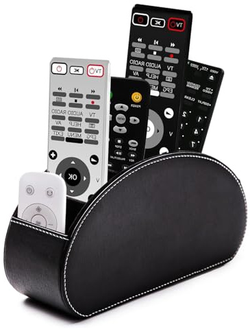 Exquilnova Soporte para mando a distancia con 5 bolsillos, mando a distancia, de piel, para TV, DVD, 4K Stick y Bluray, también como organizador de escritorio para bolígrafos, cosméticos (negro)
