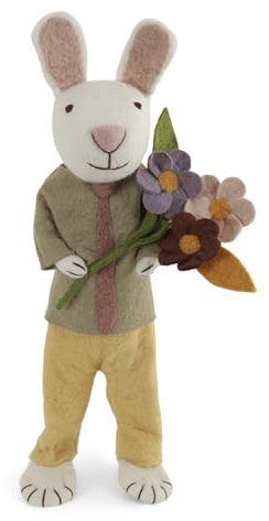 Gry & Sif XXL Filzhase mit Osterglocke, große Figur zum Hinstellen, aufwenidge Handarbeit mit vielen Details, Fairtrade, Osterdeko aus Filz, Weiss 60 cm (Grün)