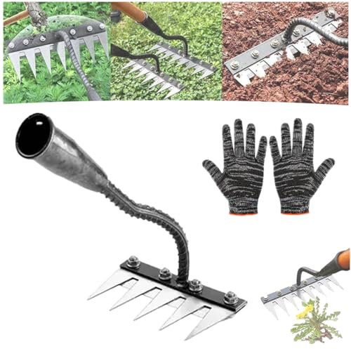 Iron Rake 2.0 With Handle, Gardenia Iron Weeding Rake, 5/6/7/8 Teeth Carbon Steel Garden Weeding Rakes For Dethatching Gardening And Backyard Lawn Loosening (5 Teeth)