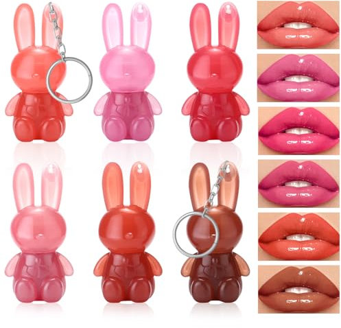 6 Rouge Lapin Lip Gloss Bunny, Brillant Rouge à Lèvres Longue Tenue, Porte-Clés 2 en 1 pour Lèvres Hydratantes et Pulpeuses