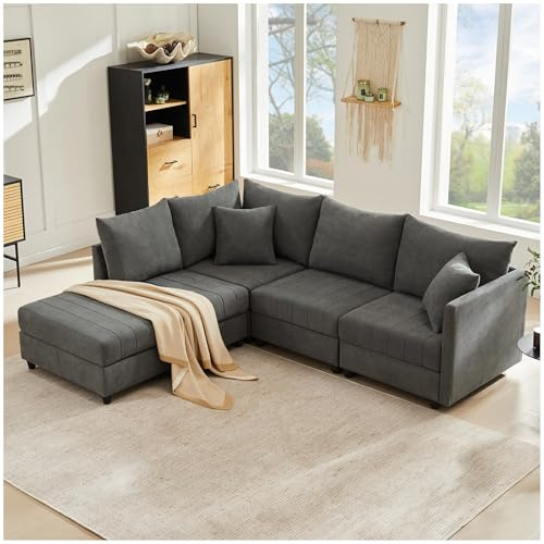 Wyibwy Divano moderno ad angolo, 220x194x85cm, divano a 5 posti, divano a L con poggiapiedi trasformabile e 2 cuscini, a righe verticali, divani combinato,sofa, Grigio
