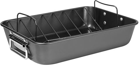 Prochef 15 Roaster with V Rack, Non-Stick Heavy Gauge Roasting Tray, PFAS-Free, Dishwasher Safe, Oven Safe to 230°C – 38.5x27.5x7.5cm Large Roasting Pan, Grey