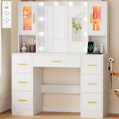 BEWISHOME Große Schminktisch mit Verstellbaren LED-Beleuchtung und Steckdosen,Schminktisch mit Spiegel,Frisiertisch mit 7 Schubladen Kosmetiktisch für das Schlafzimmer,Weiß EFST38W