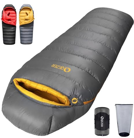 Sac de Couchage QEZER en Duvet pour Adultes, Indice de gonflement 620FP, 0 degré, ultraléger,Sac de Couchage Grand Froid, avec Pochette, pour randonnée, Camping et randonnée. (Gris 1000g Duvet)