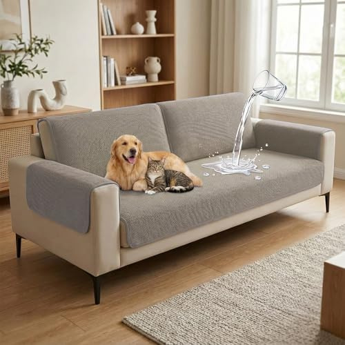 BellaHills Sofa Überwurfdecke 2 3 4 Sitzer, Wasserdicht Sofa Überzug, Couchschoner, Überwurfdecken für Sofa, Hund Katze Sofa Überwurf, Sofaschoner rutschfest, Couch Bezüge, 90x90cm, Sand