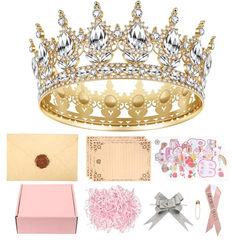 Volle Runde Mädchen Tiara, Strass Krone Kronen, Brautkrone Diadem Kristall Barock Tiara, Prinzessin Tiara Mit Rosa Geschenkbox, Roségoldenem Schultergurt für Hochzeit Prom Geburtstag Party