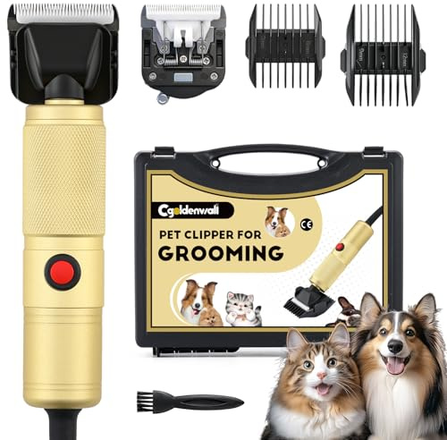CGOLDENWALL Tosatrice per Cani 280W, Velocità Senza Passaggi 2000-6000RPM, Rumore Basso <50dB, Cavo 3m, 2 Lame Ceramiche Rimovibili, 2 Pettini Accessori per Cane, Gatto e Tutti i Tipi di Pelo (Dorato)