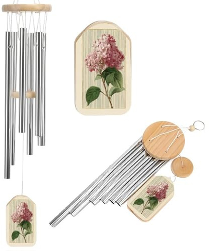 Wasserfarben-Windspiel mit rosa Hortensien, Vintage-Stil, botanisches Gedenkspiel, tiefer Ton, Windspiel mit 6 Aluminiumrohren, für den Außenbereich, Hinterhof, Garten, Dekoration