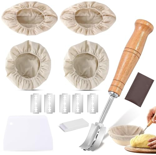 Juego de 6 piezas de para panadería: Paño de lino con banda elástica, forro de lino para cestas de fermentación, accesorios para hornear pan con cuchillo de panadero y raspador de masa.