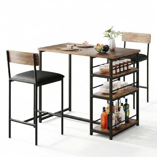 Zstar Juego De Mesa De Comedor para 2, Sillas Tapizadas, Juego De Mesa De Bar De 3 Piezas con Estante de Almacenamiento de 3 Niveles， para Espacios Pequeños, Apartamentos y Estudios, Retro