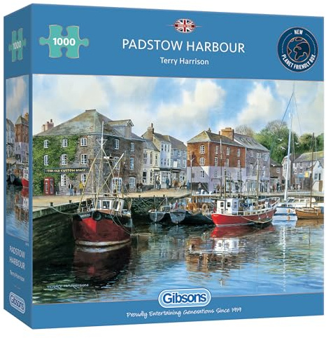 Gibsons Padstow Harbour 1000 Piece Jigsaw Puzzle for Adults – Boats & Cornwall Harbour Scene by Terry Harrison – Premium Sustainable Puzzle Made in the UK/EU - Great Gift