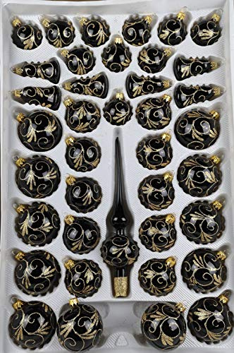 39 TLG. Glas-Weihnachtskugeln Set in Hochglanz Schwarz Goldene Ornamente - Edle Neuheit Christbaumkugeln - Weihnachtsschmuck - Christbaumschmuck