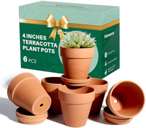 vensovo 10.16cm Terra Cotta Pots with Saucer - 6 Pack Clay Flower Pots with Drainage, Great for Plants, Crafts, Wedding Favor (10.16cm dia)