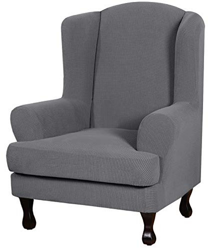 H.VERSAILTEX 2 Piece Stretch Jacquard Wingback Chair Covers Slipcovers Wing Chair Covers (Base Cover Plus Seat Cushion Cover) Furniture Covers for Wingback Chairs, Form Fitted Thick Soft, Grey