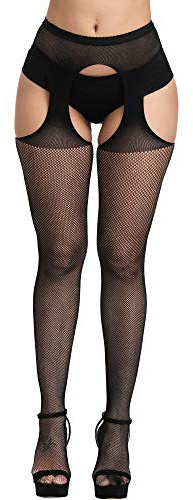 Confonze Women's High Waist Fishnet Tights Suspenders Pantyhose Thigh High Stockings Black (Black-6053)