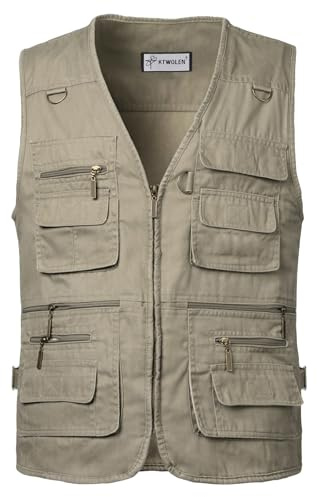 KTWOLEN Mens Fishing Gilet Waistcoat Safari Multi Pocket Dog Training Vest Hunting Hiking Vest Sleeveless Jacket Outdoor Photography Gilet, Khaki, 3XL