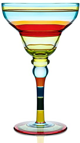 YY Hand Painted Margarita Glass - Moroccan Collection - Hand Painted Glassware by Artists - Unique and Decorative Margarita Glasses, Kitchen Table Décor (Blue Lines)