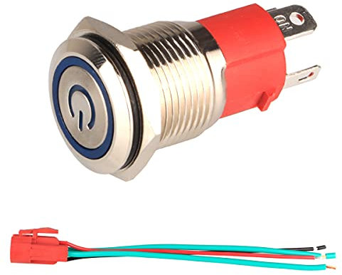 GUUZI 220V-230V/15A Selbstverriegelung Druckknopfschalter NO Wasserdichtes Blaues LED-Licht Beleuchtet 16mm Metall-Power-Start-Drucktaster mit Steckdosen-Stecker-Kabel