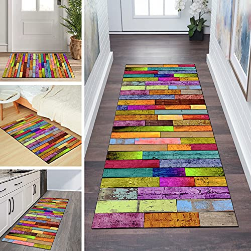 QQrunner Läufer Teppich Flur Bunt rutschfest Meterware 80x100cm Waschbar Küchenteppich Holzmaserung Schlafzimmer Korridor Teppichläufer Lang, Anpassbare Größe, 60-120cm Breit