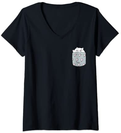 Damen Bongo T-Shirt Funny Cute Meme Cat katze Pocket T-Shirt mit V-Ausschnitt