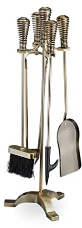 Relaxdays Set Attrezzi da Camino, 5 Accessori con Attizzatoio, Paletta, Scopino, Pinza e Supporto Porta Utensili, Dorato