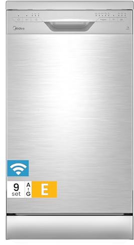 Midea SF 3.45N PRO Geschirrspüler 45 cm Freistehend und Unterbaufähig, 9 Maßgedecke, Spülmaschine mit WLAN, 6 Programme, 3/6/9h Startzeitvorwahl, 47 dB, Silber