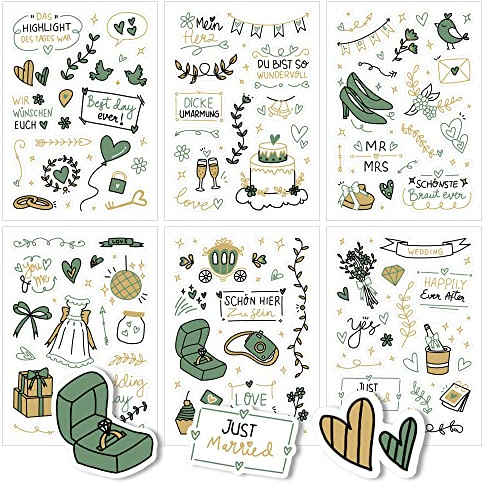 Sticker Hochzeit Gästebuch (6 Bögen) Wunderschöne Hochzeitsaufkleber, Hochzeit Fotoalbum (Grün/Gold)