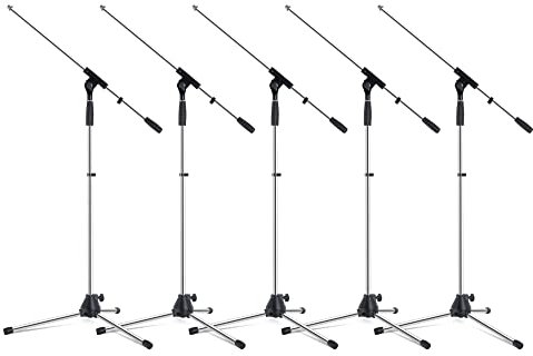 Juego 5 Soportes Micrófono Pronomic MS-25C Pro - Trípode con pies goma, brazo ajustable, abrazaderas y tornillos resistentes, cierres para cables y rosca reductora - Cromo.