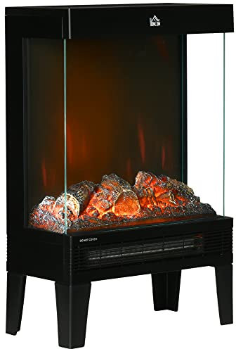 HOMCOM Chimenea Eléctrica 1000W/2000W Chimenea Decorativa de Pie con Llama LED Ajustable Termostato y Protección contra Sobrecalentamiento hasta 15-20 m² Negro