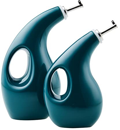 Rachael Ray Serveware EVOO - Juego de botellas dispensadoras de aceite y vinagre de cerámica, 2 piezas, color verde azulado