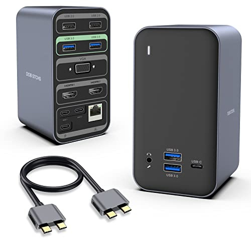 DOB SECHS Station d'accueil USB C double moniteur pour MacBook Pro/Air, 13 en 2 USB C Hub multiport adaptateur triple moniteur vers 2 HDMI 4K, VGA, 6 USB A, USB C, 3,5 mm, Ethernet, PD, (non M1/M2)