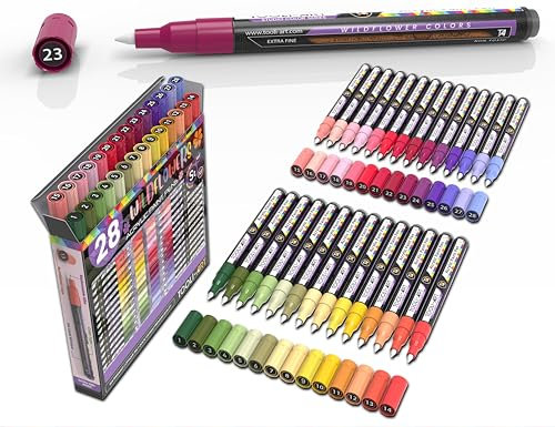TOOLI-ART 28 Wildblumenfarben-Acrylfarbstift-Marker-Set, 0,7 mm extrafeine Spitze, Felsmalerei, Glas, Holz, Metall, Leinwand, Detaillierung. Ungiftig, auf Wasserbasis, schnell trocknend