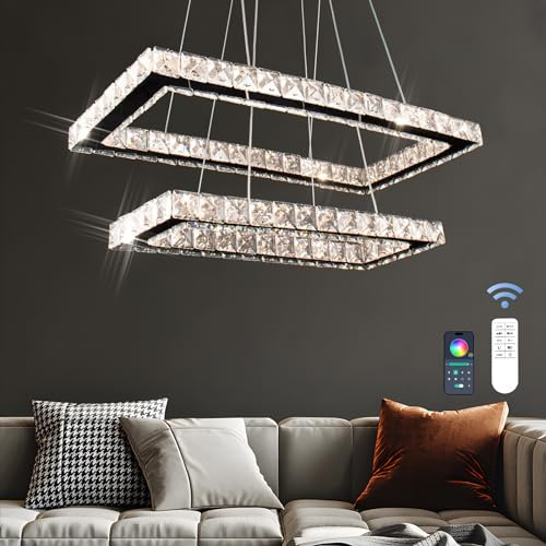 Modern Crystal Chandeliers with Remote, 20.5'' Dimmable 2 Rings Rectangular LED Crystal Chandelier Adjustable Height, Island Light Pendant Light for Kitchen Dining Room Living Room (Multicolored)