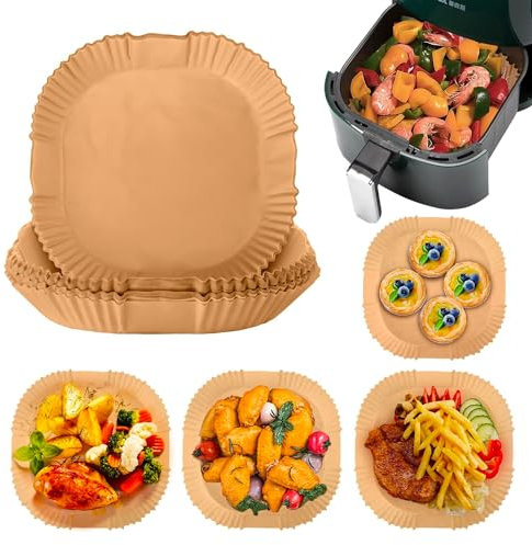 Avilia – Carta Forno per Friggitrice ad Aria 4,5 cm di Altezza, 100% Biodegradabile e Impermeabile, Ideale per Cottura Sana Senza Olio, Confezione Rigida Apri e Chiudi (Quadrata 16x16 cm, 100, unità)