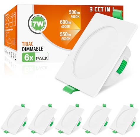 ALUSSO - Foco LED empotrable regulable (230 V, 7 W, foco de techo 3000 K, 4000 K, 6500 K, impermeable, IP44, ajustable, techo empotrado, para cuarto de baño, sala de estar, lote de 6, cuadrado, blanco