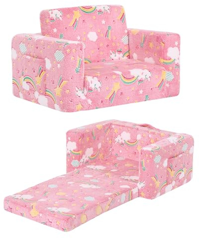 Givjoy Kids Sofa Toddler Chair, Children Couch with Side Pockets 2 in 1 Glow in Dark Armchair with Removable and Washable Cover Carrying Handle Kids Reading Sofa for Playroom, Pink Rainbow