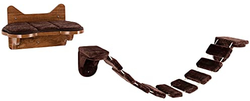 GYMAX Katzenkletterwand Set, platzsparende Katzentreppe mit Abnehmbarer Matten, wandmontierte Hängebrücke für Katzen zum Spielen & Ruhen, Katzenliegeplatz bis 10 kg belastbar, Braun