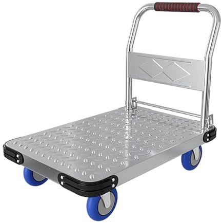 MINGYIHUI Plattformwagen Schwerlast-plattformwagen 300 Kg, Flachbettwagen Aus Stahl Mit Langem Deck, Plattformwagen Mit Gebremsten Rädern Sackkarren(Size:90 * 60,Color:Silber)