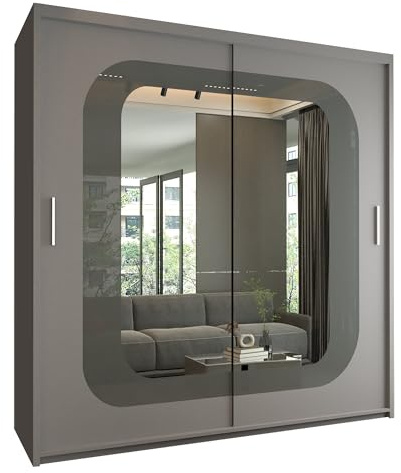 FURNITUREWAVE Minosa Sliding Mirror Doors Wardrobe For Modern Bedroom Furniture Cupboard with Space Saving Shelves and Hanging Rails (Grey/Grey, 150cm)