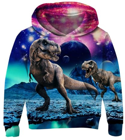Fanient Pullover Pojkar Flickor 3D-Tryck Fleece Hoodie Barnhuvtröja med Kängurufickor, Dinosaurie, 11-13 år