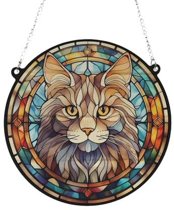 Image Industry Cat Maine Coon Stained Glass Effect Suncatcher - Garden Gift - Cat Gift - Pet Memorial (19cm)