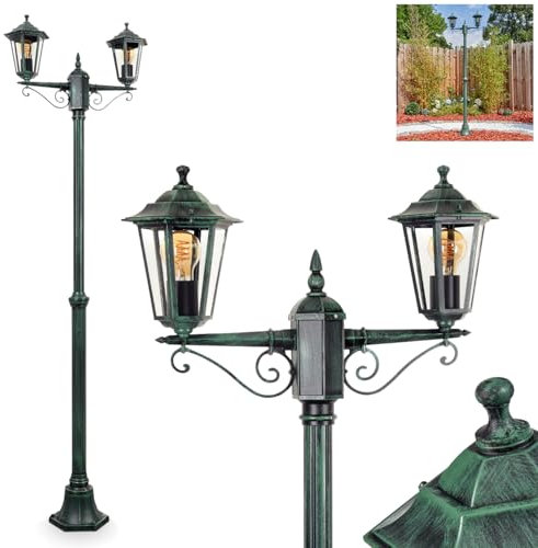 Kandelaber Loria, Außenwegeleuchte aus Metall/Glas in Schwarz/Grün/Klar, Leuchte im Antik/Vintage-Design für Garten/Außenbereich/Terrassen, Höhe: 200 cm, 2 x E27, ohne Leuchtmittel, IP44