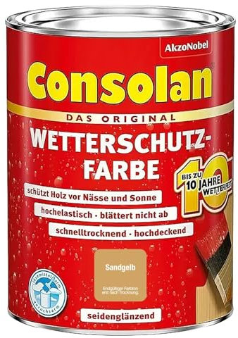Consolan Wetterschutzfarbe, Deckender Holzschutz für Außen, Sandgelb, 750ml