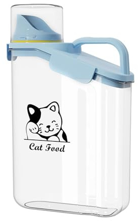 Geyecete - Caja de croqueta para gatos, contenedor de comida para animales, hermética 2.8 L, recipiente de comida con taza de medir, plástico transparente, caja de croqueta, sin BPA-Bleu