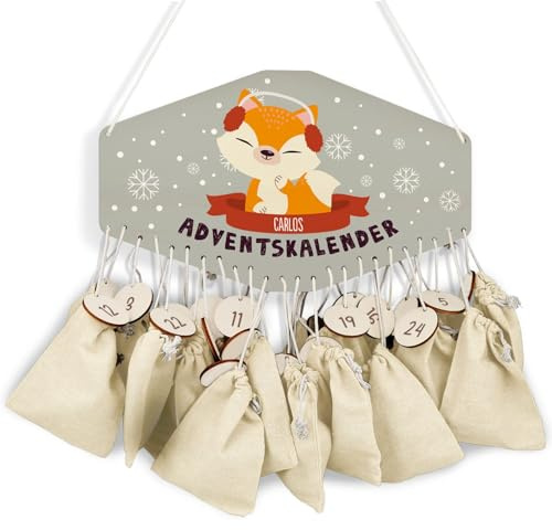 GRAVURZEILE Adventskalender aus Holz - Wintertiere - Personalisiert mit Namen - DIY Adventskalender für Kinder - Optional mit Leinensäckchen - Weihnachtsdeko für Kinderzimmer - Farbe: Fuchs